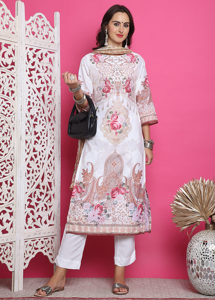 3 Pc Cream Semi Stitched Silk Suit Set