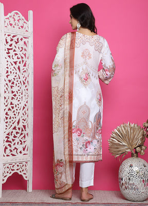 3 Pc Cream Semi Stitched Silk Suit Set