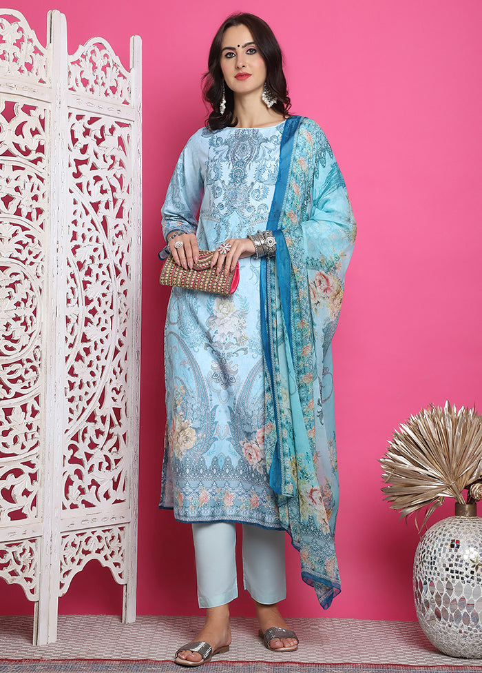 3 Pc Blue Semi Stitched Silk Suit Set