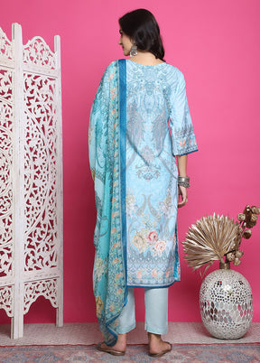 3 Pc Blue Semi Stitched Silk Suit Set