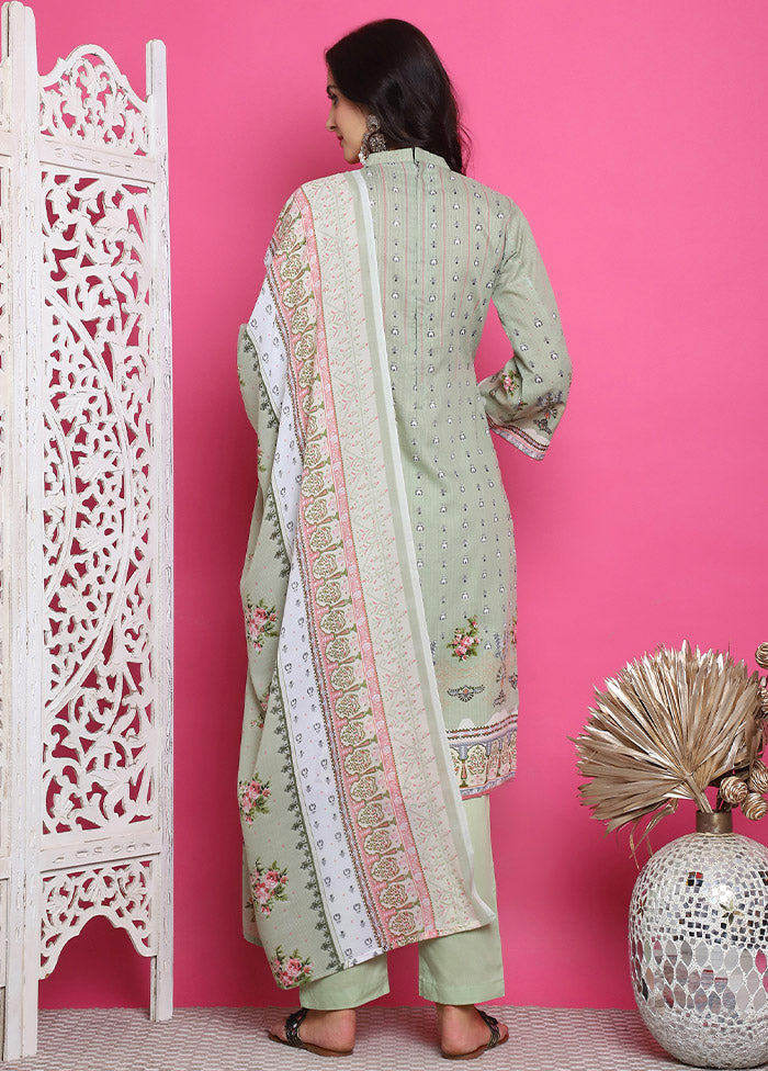 3 Pc Green Unstitched Cotton Suit Set