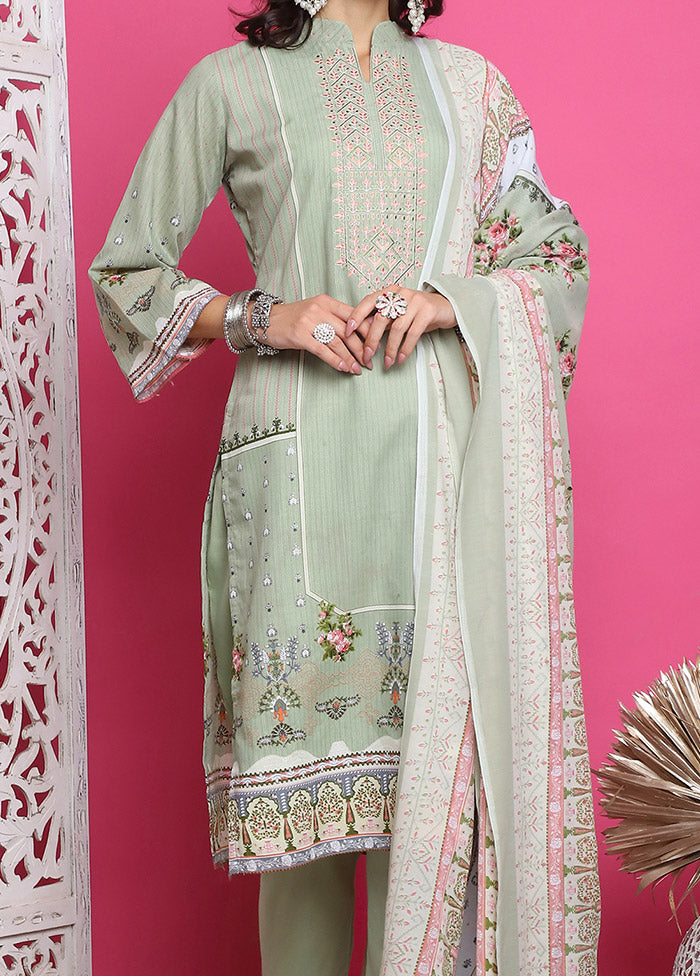 3 Pc Green Unstitched Cotton Suit Set