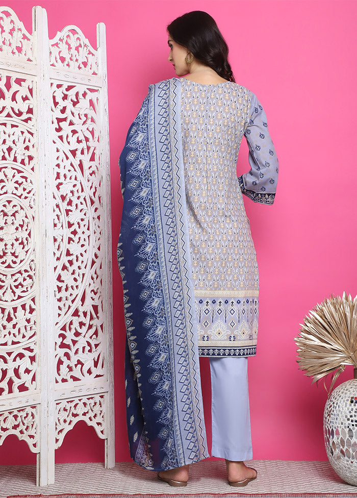 3 Pc Sky Blue Unstitched Cotton Suit Set