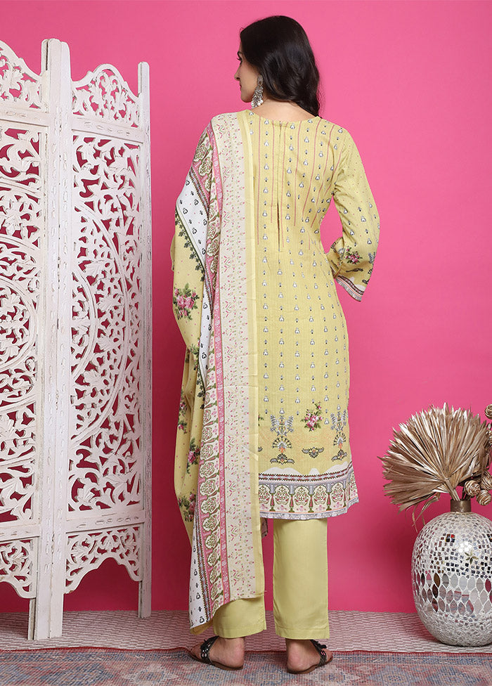 3 Pc Yellow Unstitched Cotton Suit Set