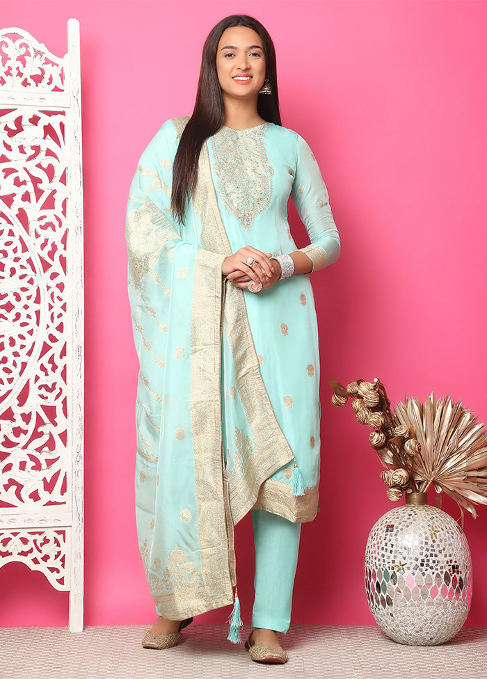 3 Pc Turquoise Unstitched Silk Suit Set