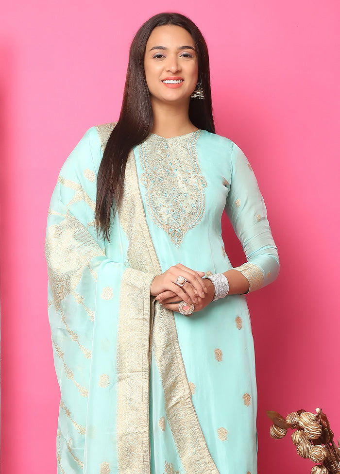 3 Pc Turquoise Unstitched Silk Suit Set