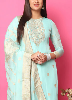 3 Pc Turquoise Unstitched Silk Suit Set