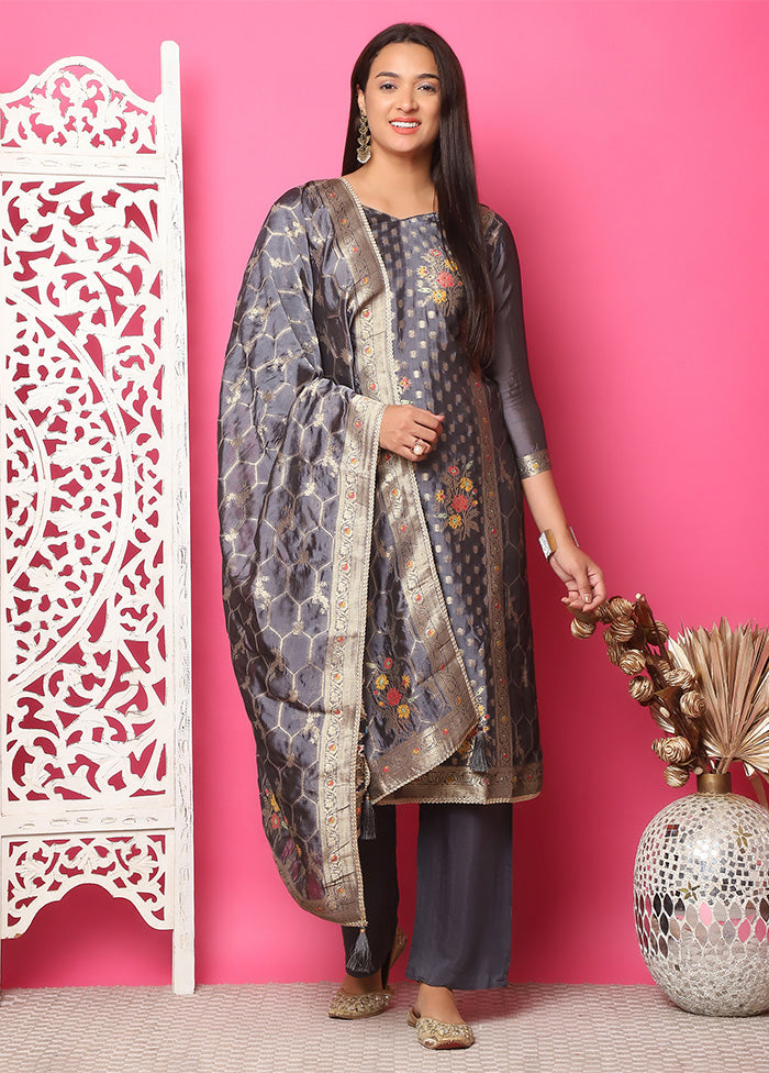 3 Pc Grey Unstitched Silk Suit Set