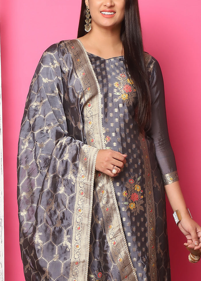 3 Pc Grey Unstitched Silk Suit Set