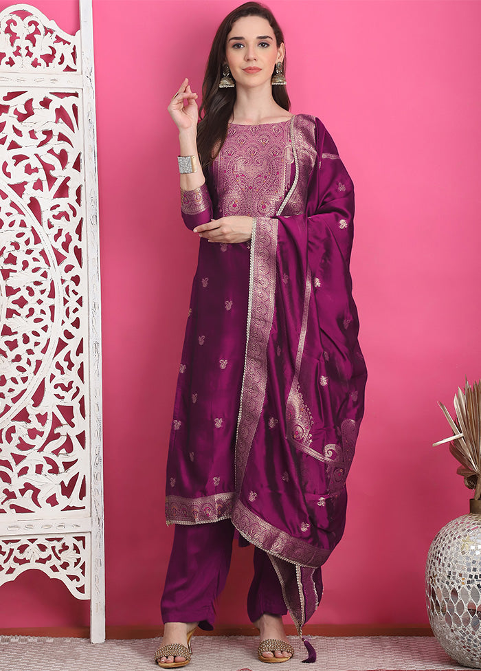 3 Pc Wine Unstitched Silk Suit Set