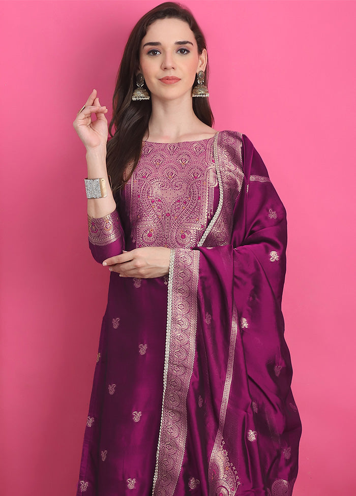 3 Pc Wine Unstitched Silk Suit Set