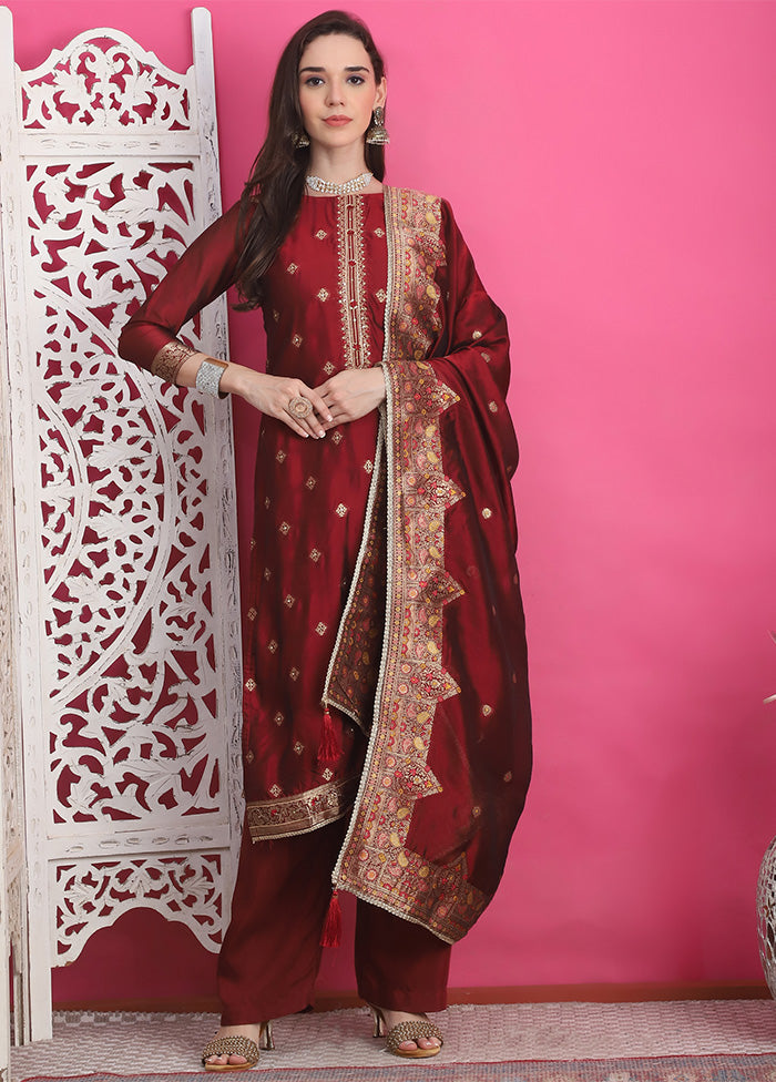 3 Pc Maroon Unstitched Silk Suit Set