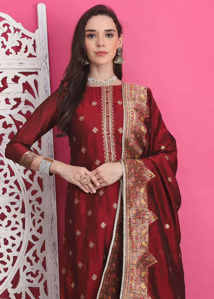 3 Pc Maroon Unstitched Silk Suit Set