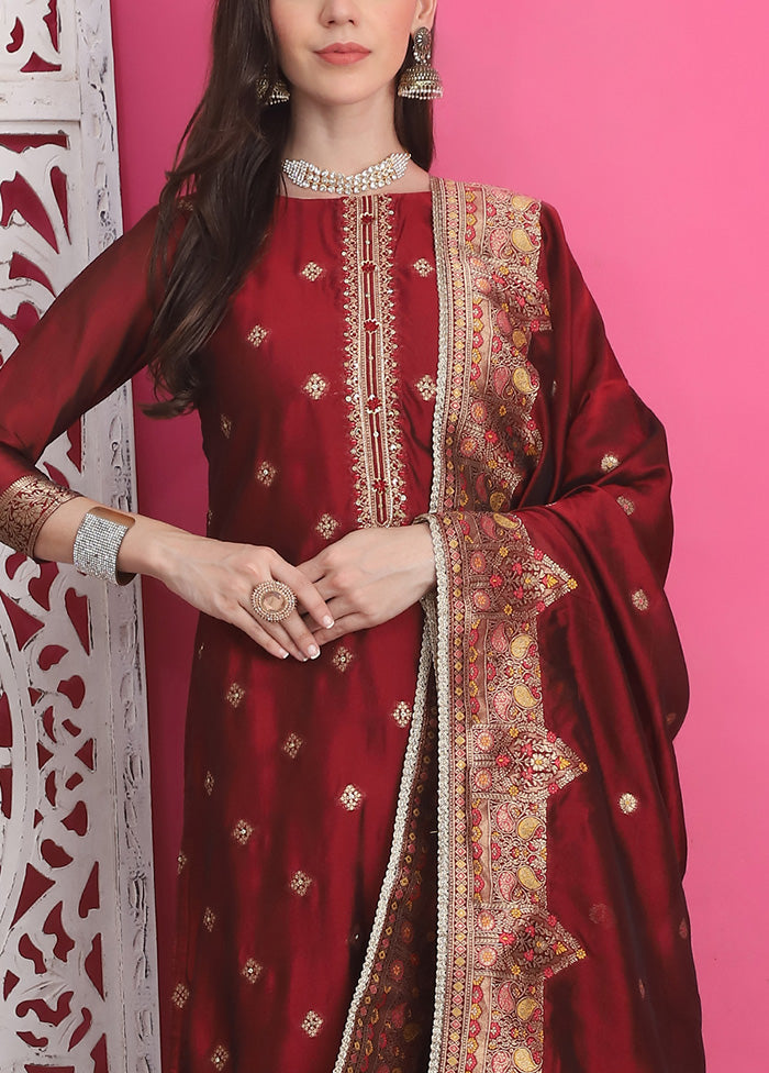 3 Pc Maroon Unstitched Silk Suit Set