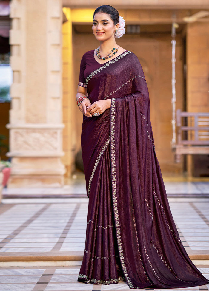 Wine Chiffon Silk Saree With Blouse Piece