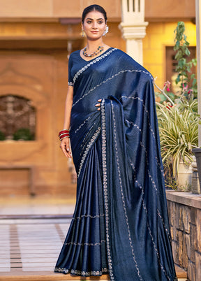 Navy Blue Chiffon Silk Saree With Blouse Piece