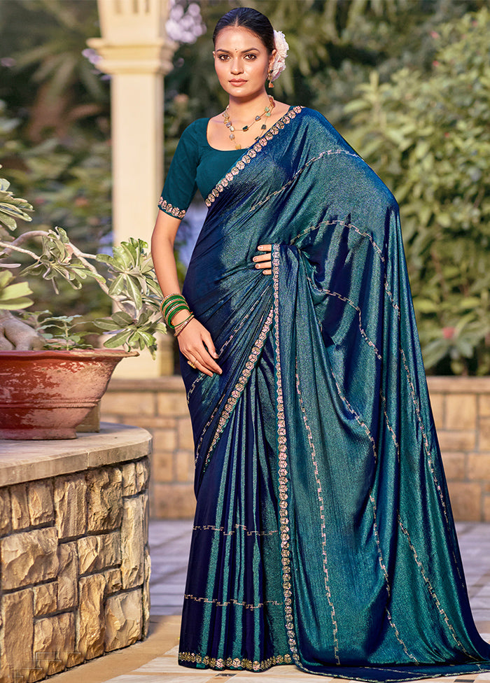 Teal Chiffon Silk Saree With Blouse Piece