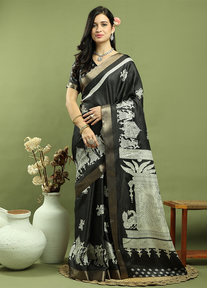 Black Dupion Silk Saree With Blouse Piece