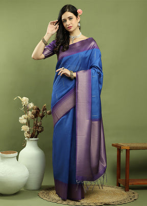 Blue Dupion Silk Saree With Blouse Piece