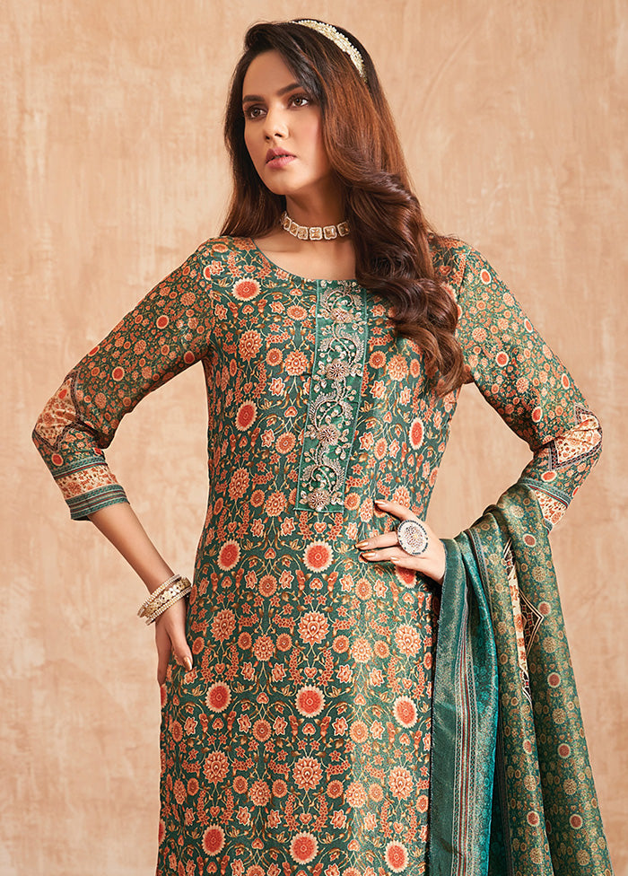 3 Pc Green Unstitched Pure Silk Suit Set