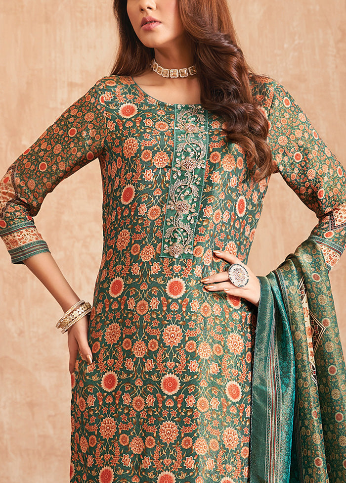 3 Pc Green Unstitched Pure Silk Suit Set