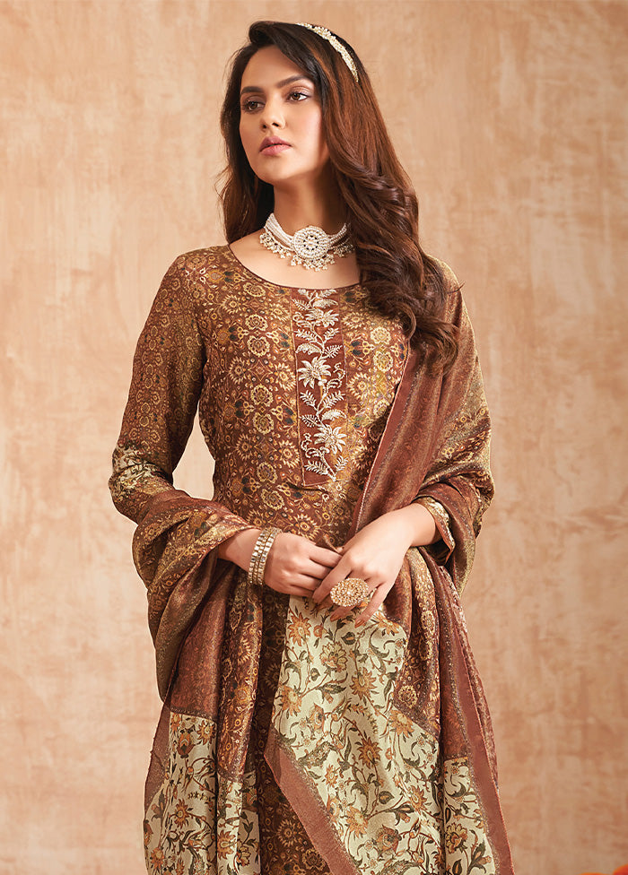 3 Pc Brown Unstitched Pure Silk Suit Set