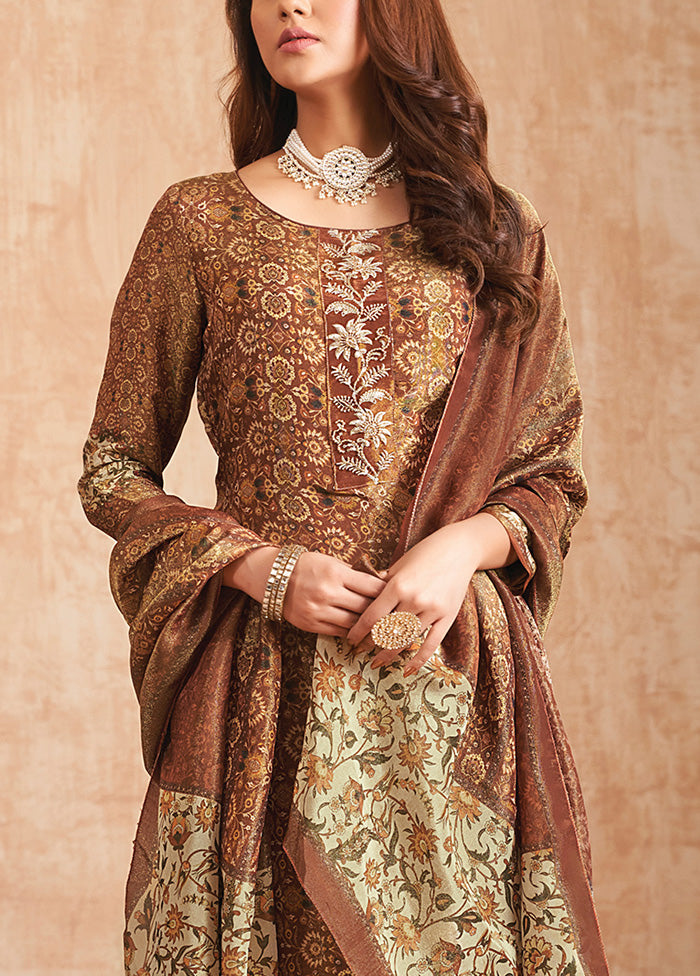 3 Pc Brown Unstitched Pure Silk Suit Set