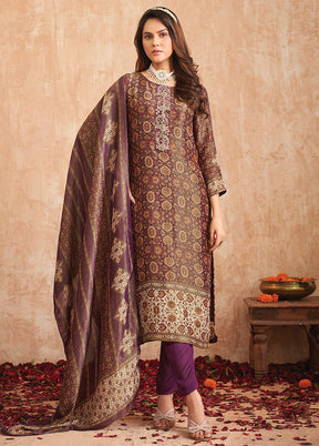 3 Pc Purple Unstitched Pure Silk Suit Set