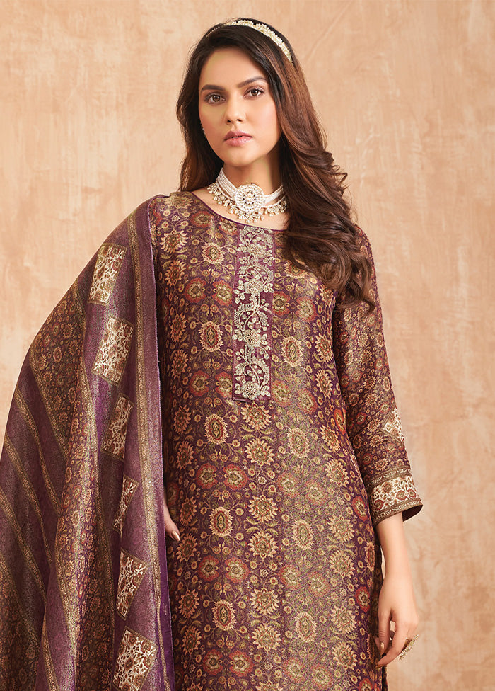 3 Pc Purple Unstitched Pure Silk Suit Set