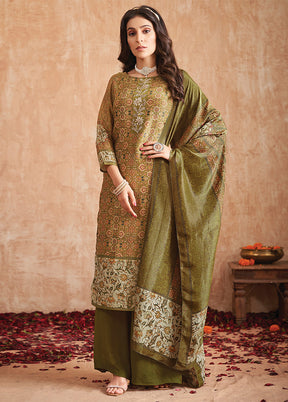 3 Pc Olive Green Unstitched Pure Silk Suit Set