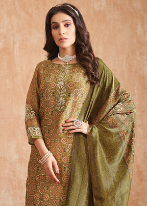 3 Pc Olive Green Unstitched Pure Silk Suit Set