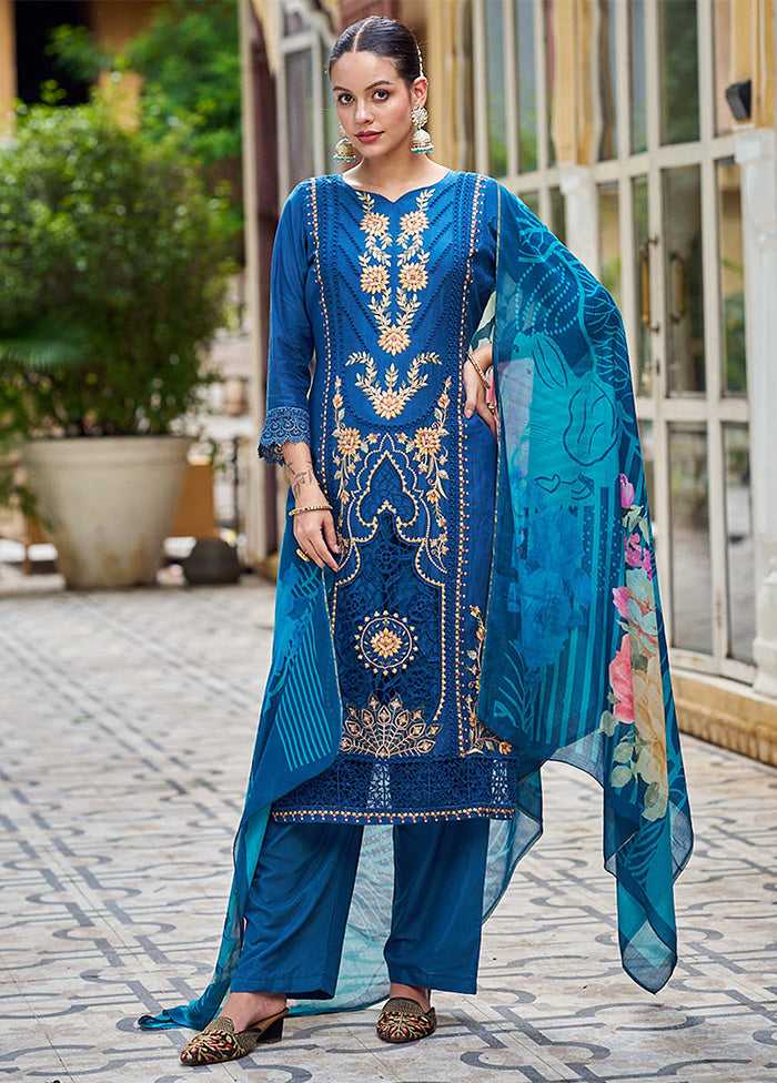 3 Pc Navy Blue Unstitched Silk Suit Set