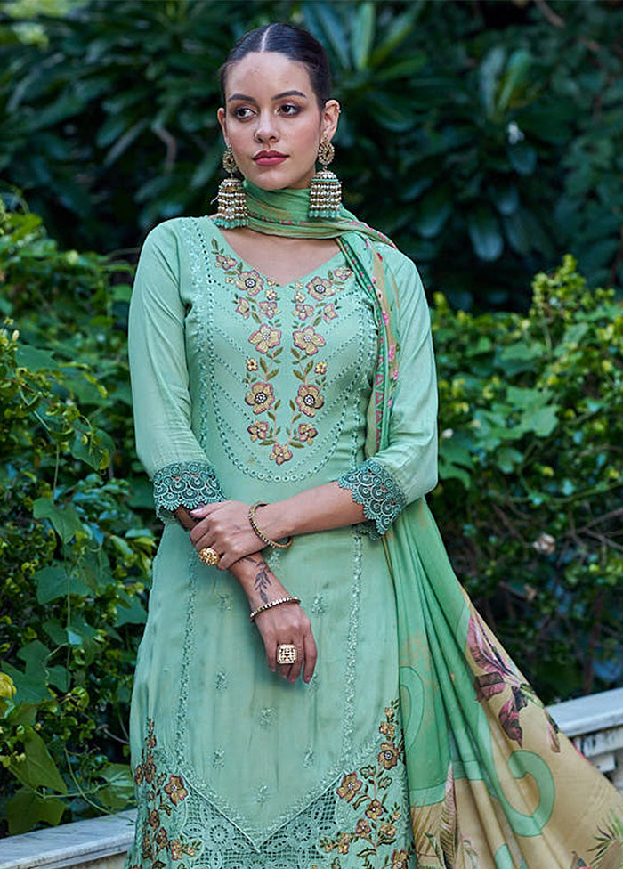 3 Pc Green Unstitched Silk Suit Set