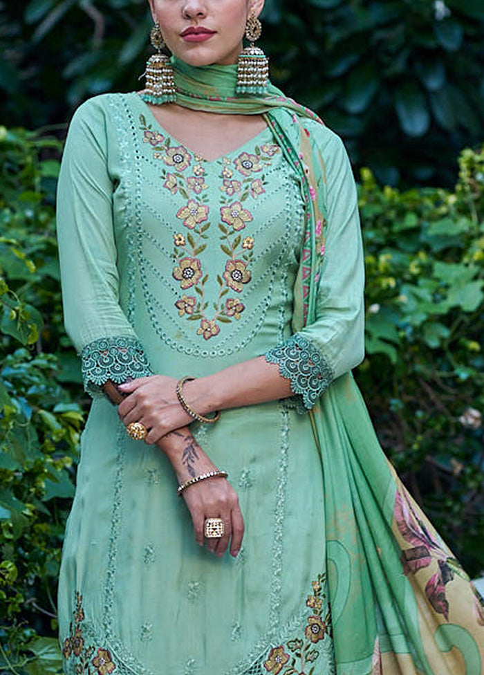 3 Pc Green Unstitched Silk Suit Set