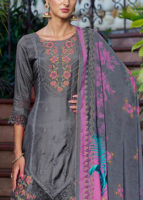 3 Pc Grey Unstitched Silk Suit Set