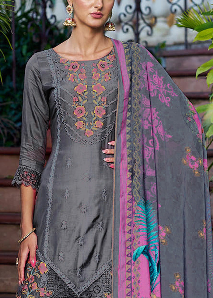 3 Pc Grey Unstitched Silk Suit Set