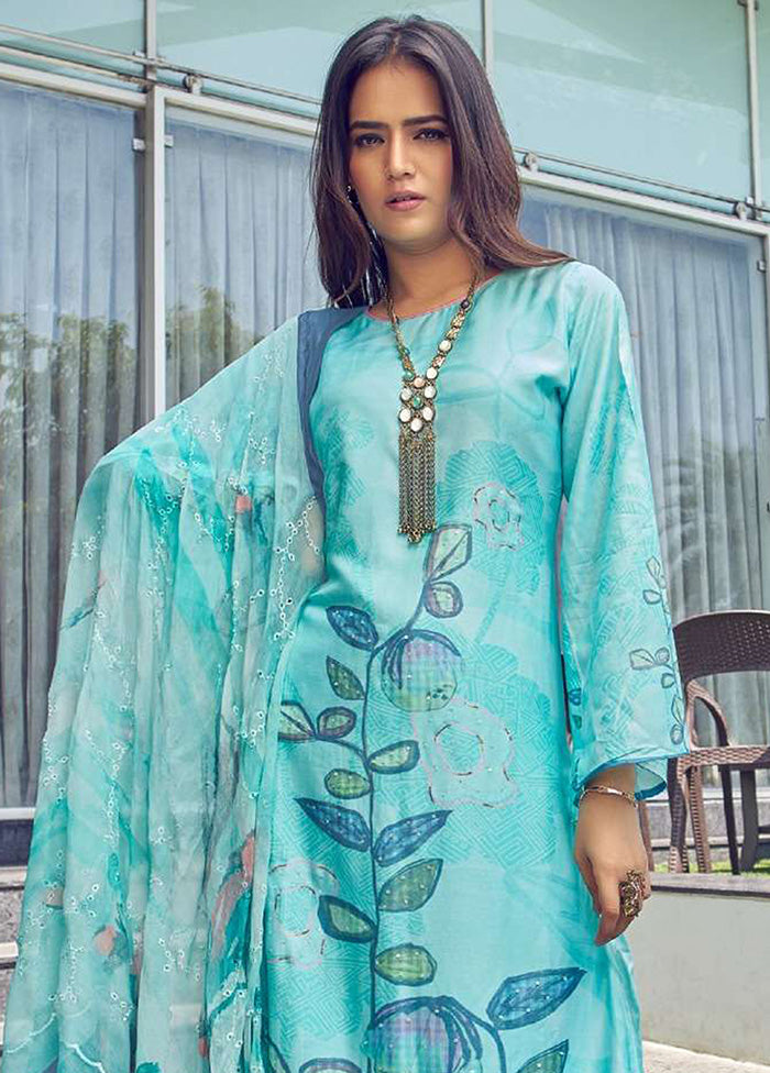 3 Pc Turquoise Semi Stitched Silk Dupatta Suit Set