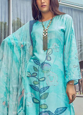 3 Pc Turquoise Semi Stitched Silk Dupatta Suit Set