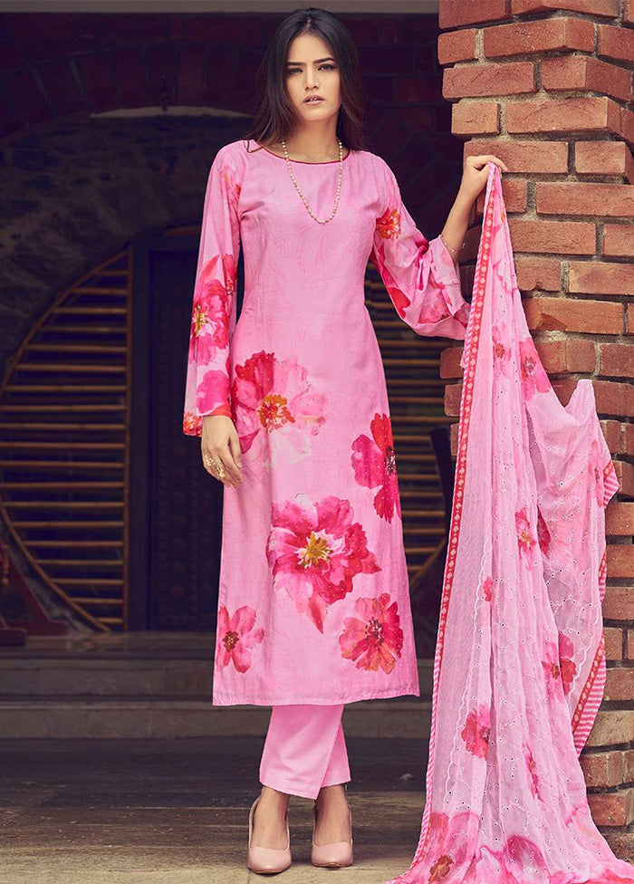 3 Pc Pink Semi Stitched Silk Dupatta Suit Set