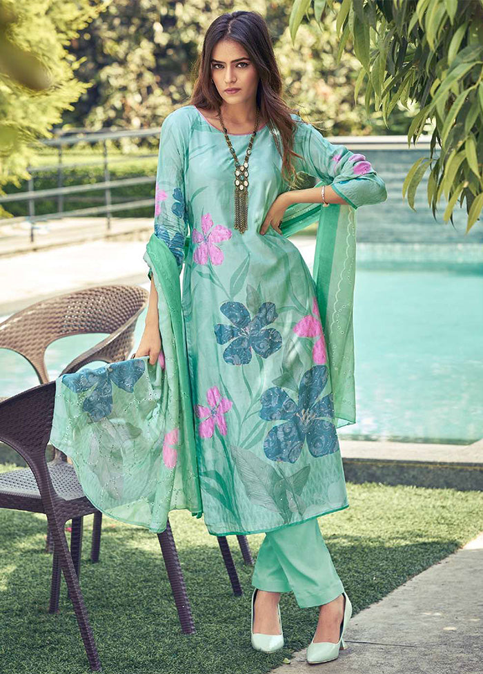 3 Pc Green Semi Stitched Silk Dupatta Suit Set