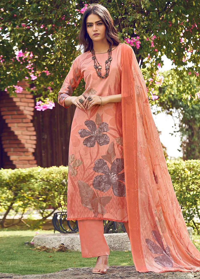 3 Pc Peach Semi Stitched Silk Dupatta Suit Set