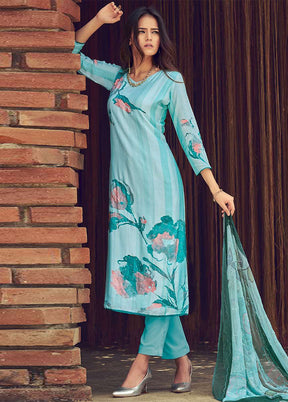 3 Pc Sky Blue Semi Stitched Silk Dupatta Suit Set