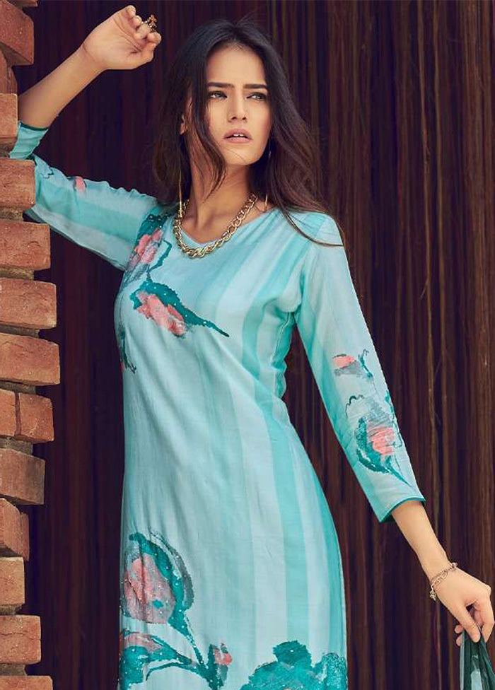 3 Pc Sky Blue Semi Stitched Silk Dupatta Suit Set