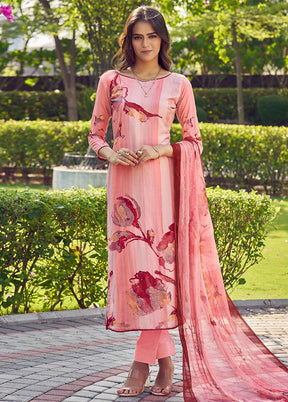 3 Pc Peach Semi Stitched Silk Dupatta Suit Set