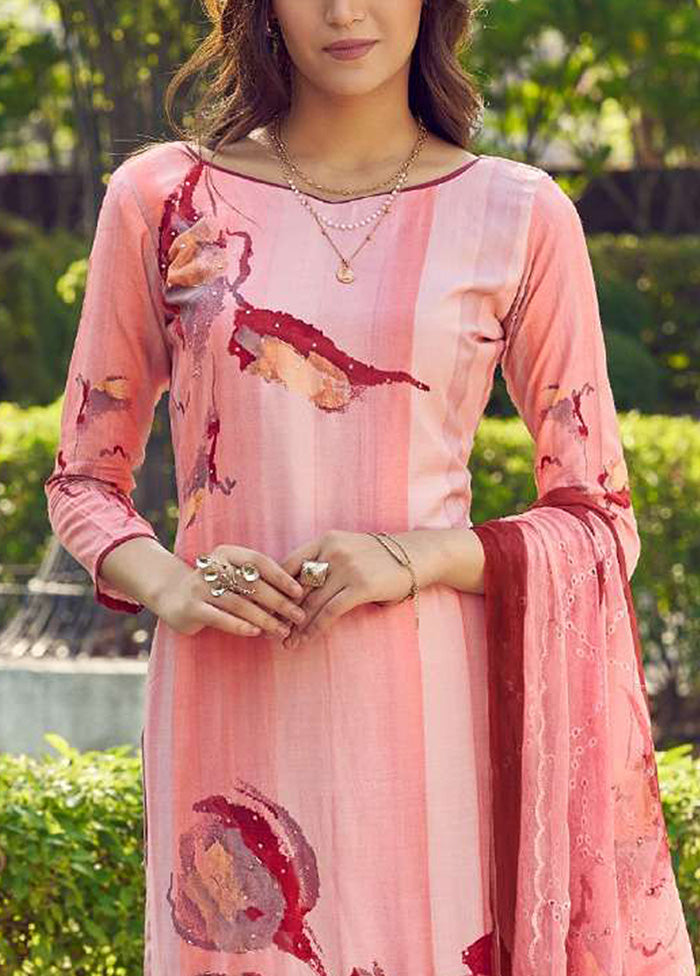 3 Pc Peach Semi Stitched Silk Dupatta Suit Set