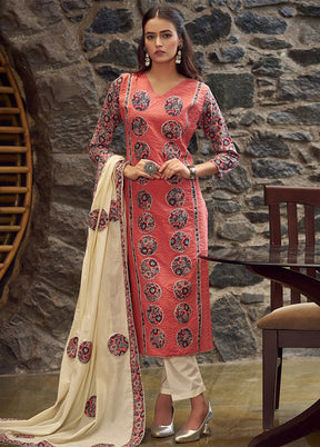 3 Pc Coral Pure Semi Stitched Cotton Dupatta Suit Set