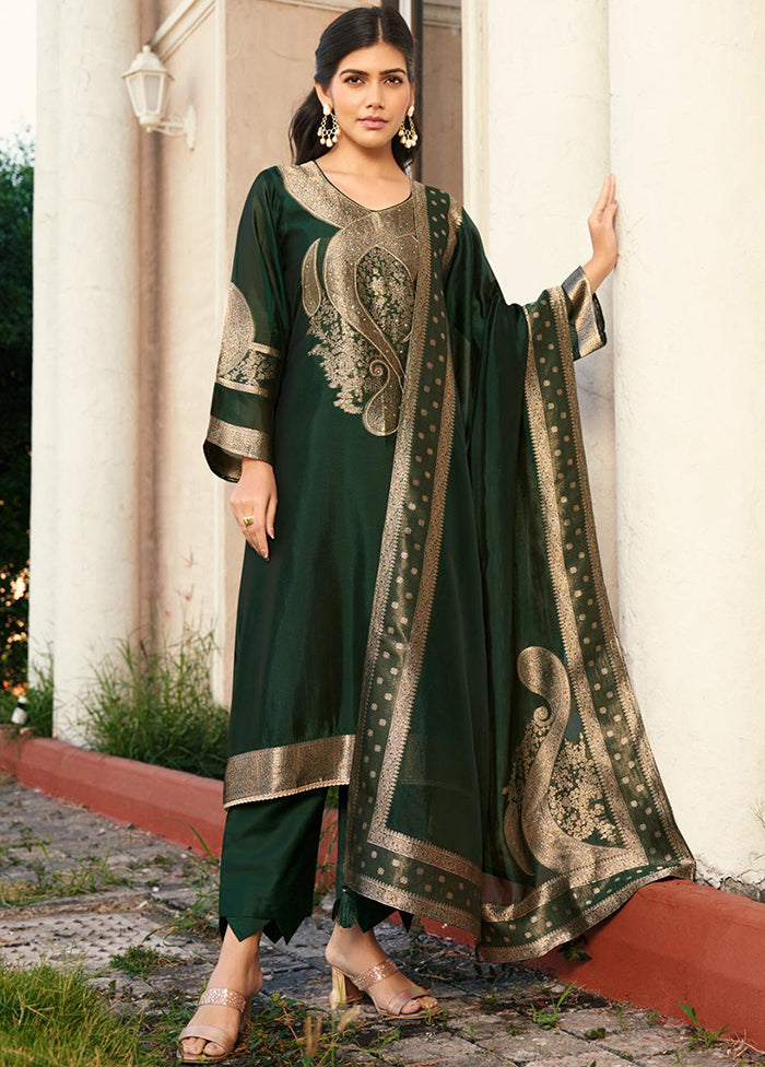 3 Pc Green Pure Semi Stitched Silk Dupatta Suit Set