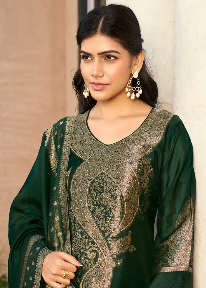 3 Pc Green Pure Semi Stitched Silk Dupatta Suit Set