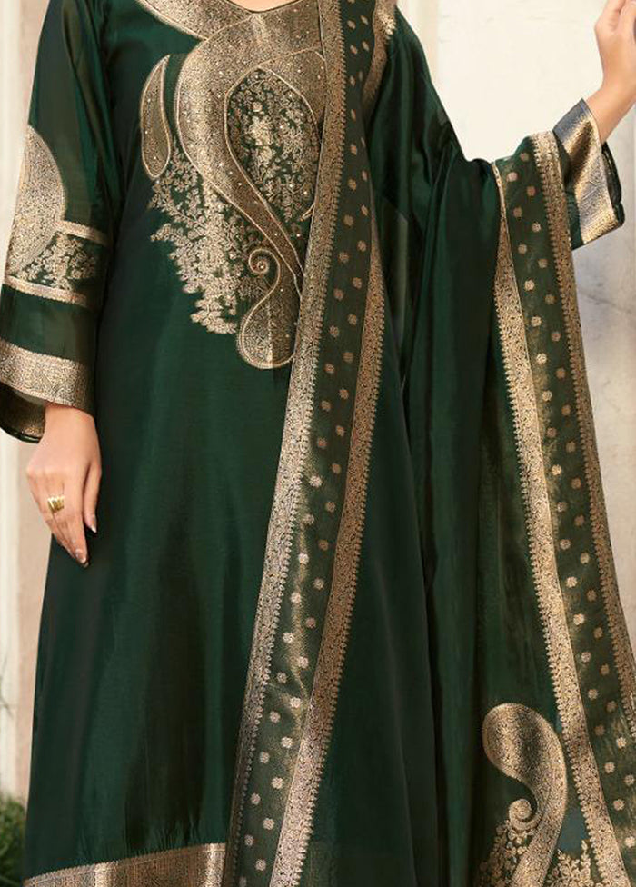 3 Pc Green Pure Semi Stitched Silk Dupatta Suit Set