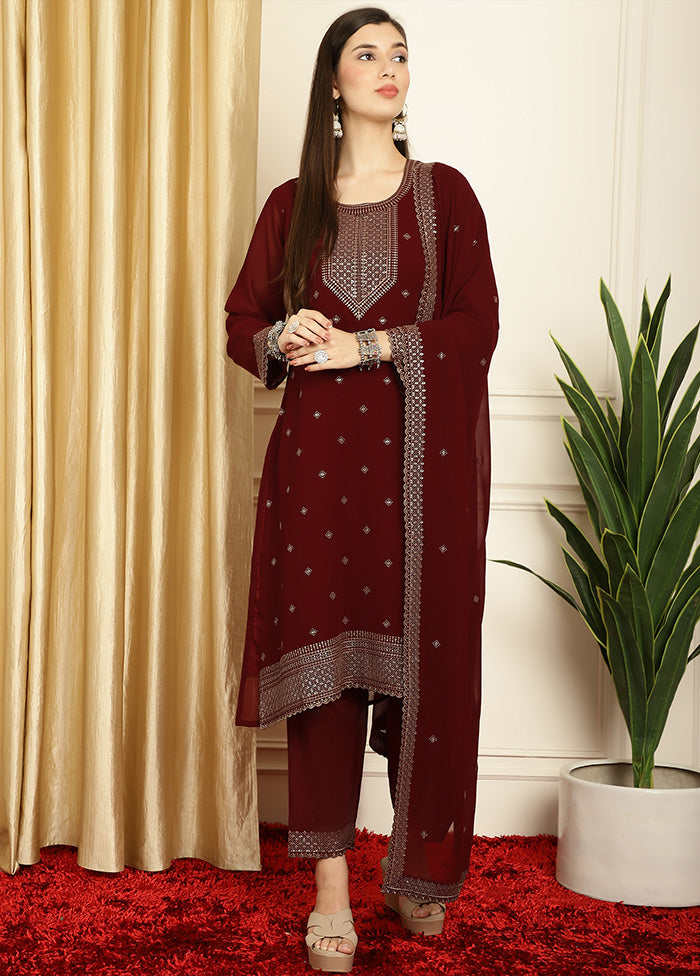 3 Pc Maroon Readymade Georgette Dupatta Suit Set